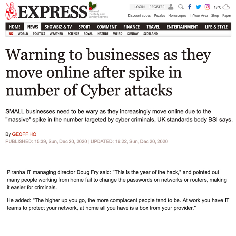 Sunday Express online edition showing cyber article