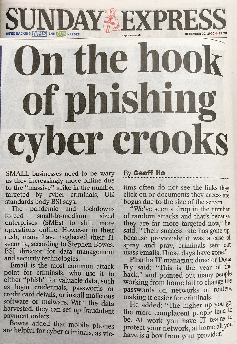 Article in Sunday Express discussing Piranha IT Support and Doug Fry